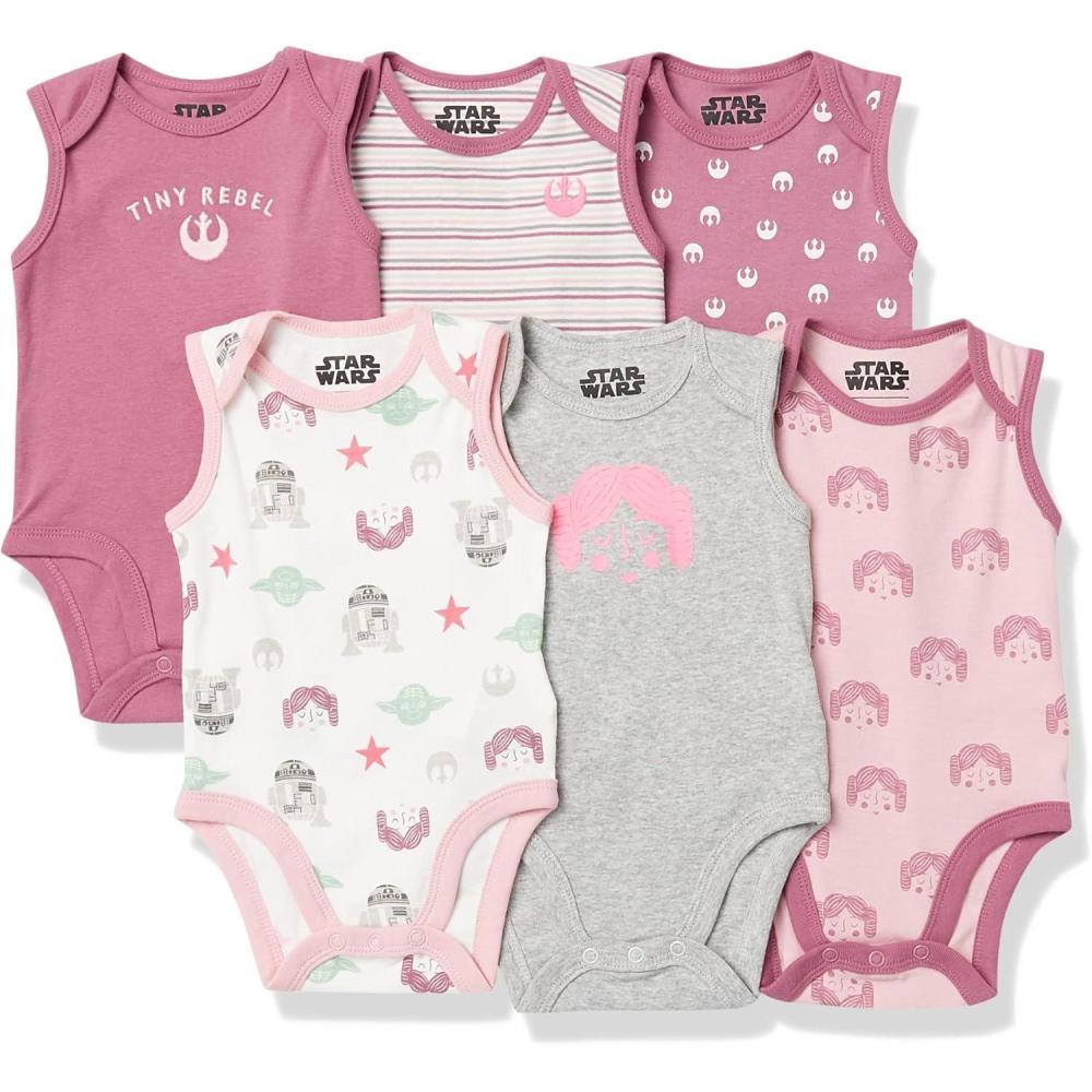 imageAmazon Essentials Disney  Star Wars  Princess Baby Girls Sleeveless Bodysuits Pack of 6Star Wars Tiny Rebel
