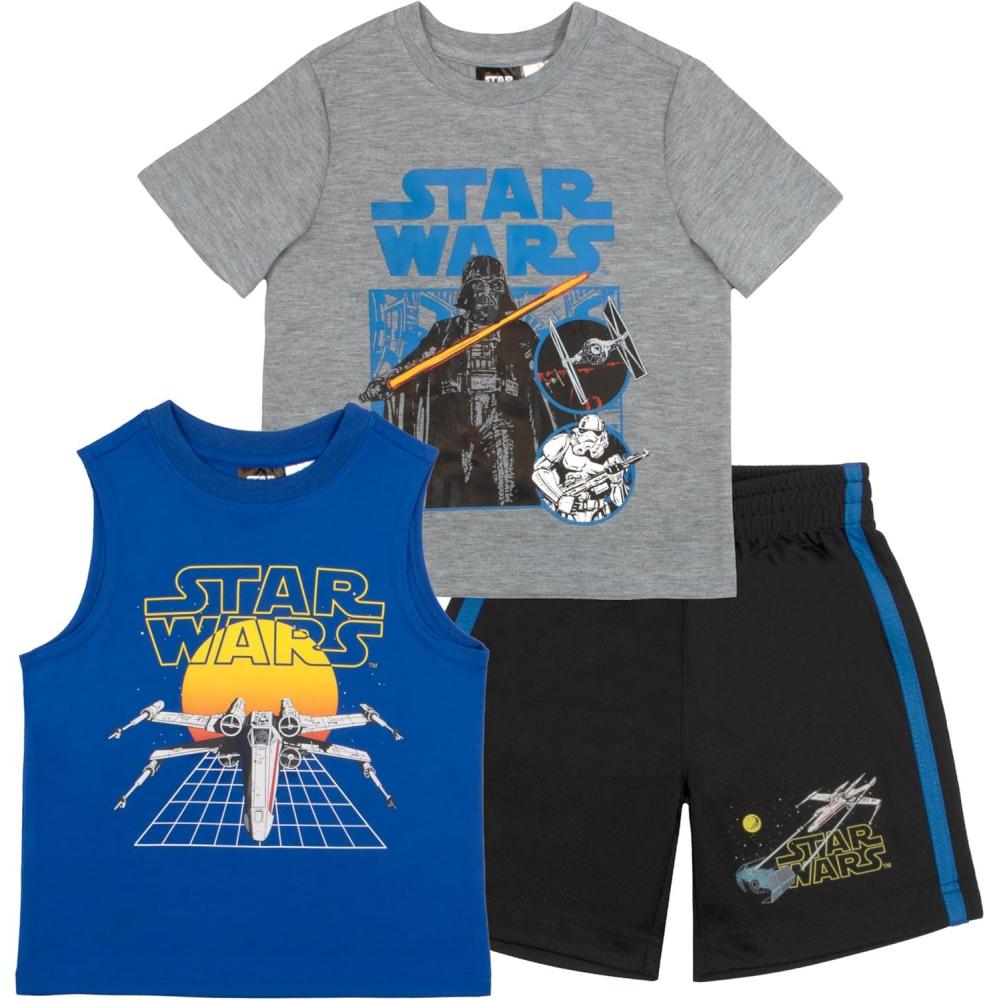 imageSTAR WARS Boys 3Piece Set  Short Sleeve TShirt Tank Top and Shorts Summer Outfit Bundle for Kids and ToddlersGrey and Blue