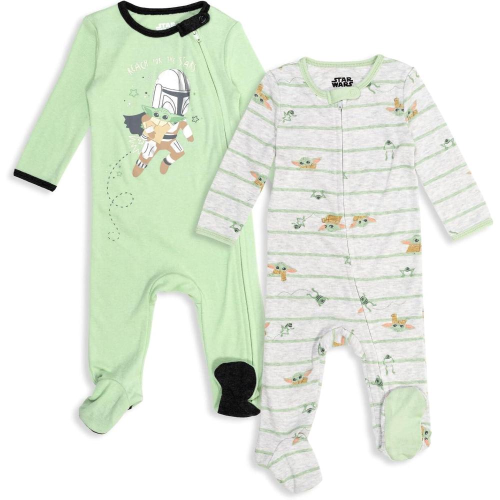 imageSTAR WARS Chewbacca R2 D2 Darth Vader Stormtrooper Baby 2 Pack Zip Up Long Sleeve Sleep N Play Coveralls Newborn to InfantGreenWhite