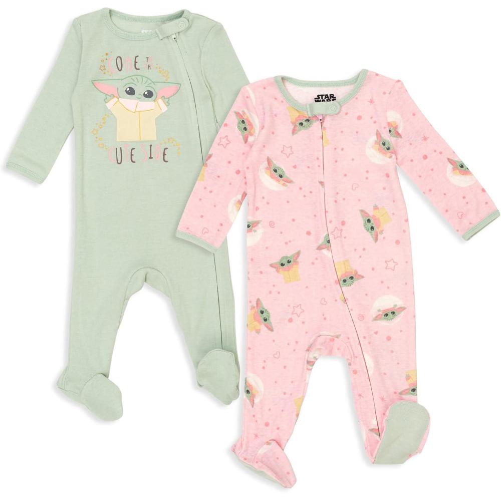 imageSTAR WARS Chewbacca R2 D2 Darth Vader Stormtrooper Baby 2 Pack Zip Up Long Sleeve Sleep N Play Coveralls Newborn to InfantPinkGreen