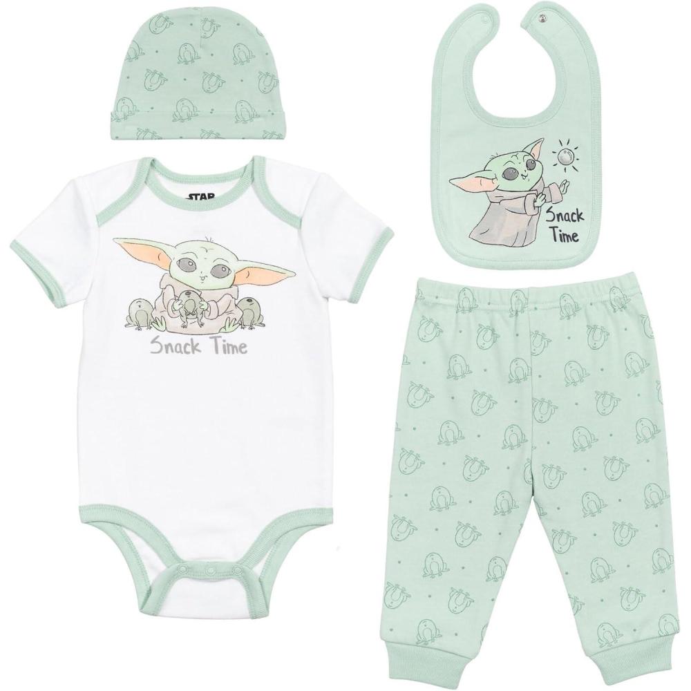 imageSTAR WARS Mandalorian The Child Baby Boys Layette Set Bodysuit Pants Bib HatWhiteGreen