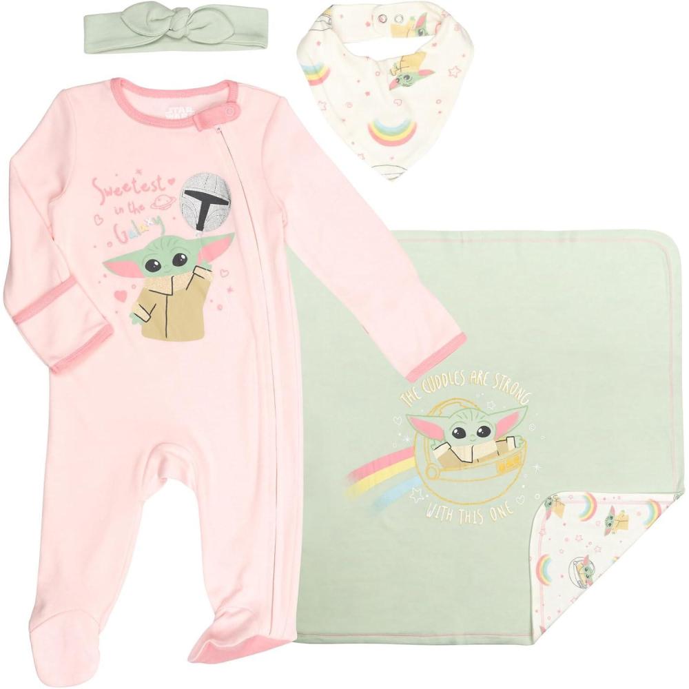 imageSTAR WARS The Child Baby Girls Sleep N Play Coverall Headband Bib and Blanket 4 Piece NewbornPinkGreen