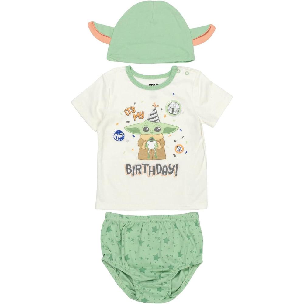 imageSTAR WARS The Child Baby Pullover TShirt Diaper Cover and Hat 3 Piece Outfit Set InfantGreenWhite