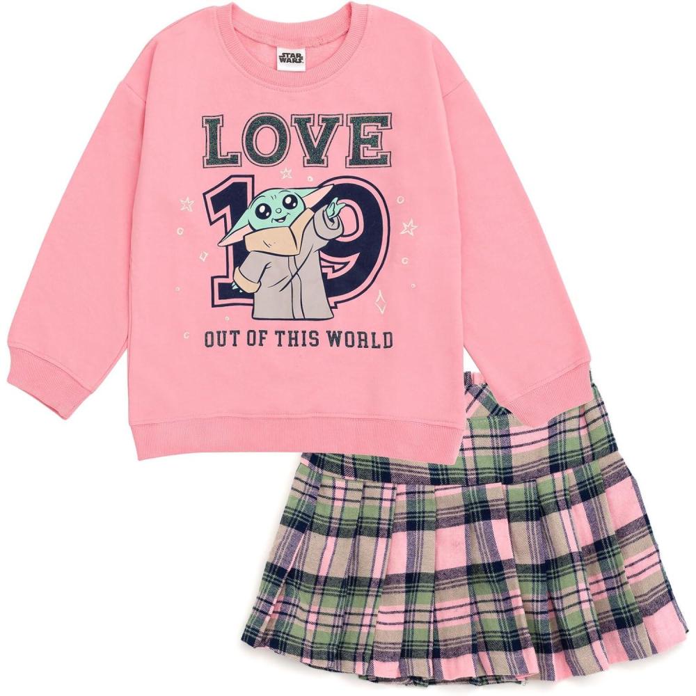 imageSTAR WARS The Mandalorian Grogu Girls Fleece Drop Shoulder Sweatshirt ampamp Pleated Skirt Toddler to Big Kid Sizes 2T  1416Pink