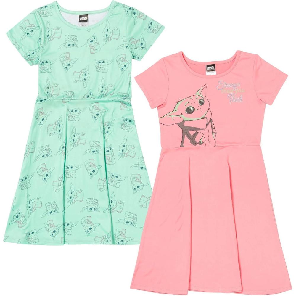 imageSTAR WARS The Mandalorian The Child Girls 2 Pack Skater Short Sleeve Dresses Little Kid to Big KidGreen