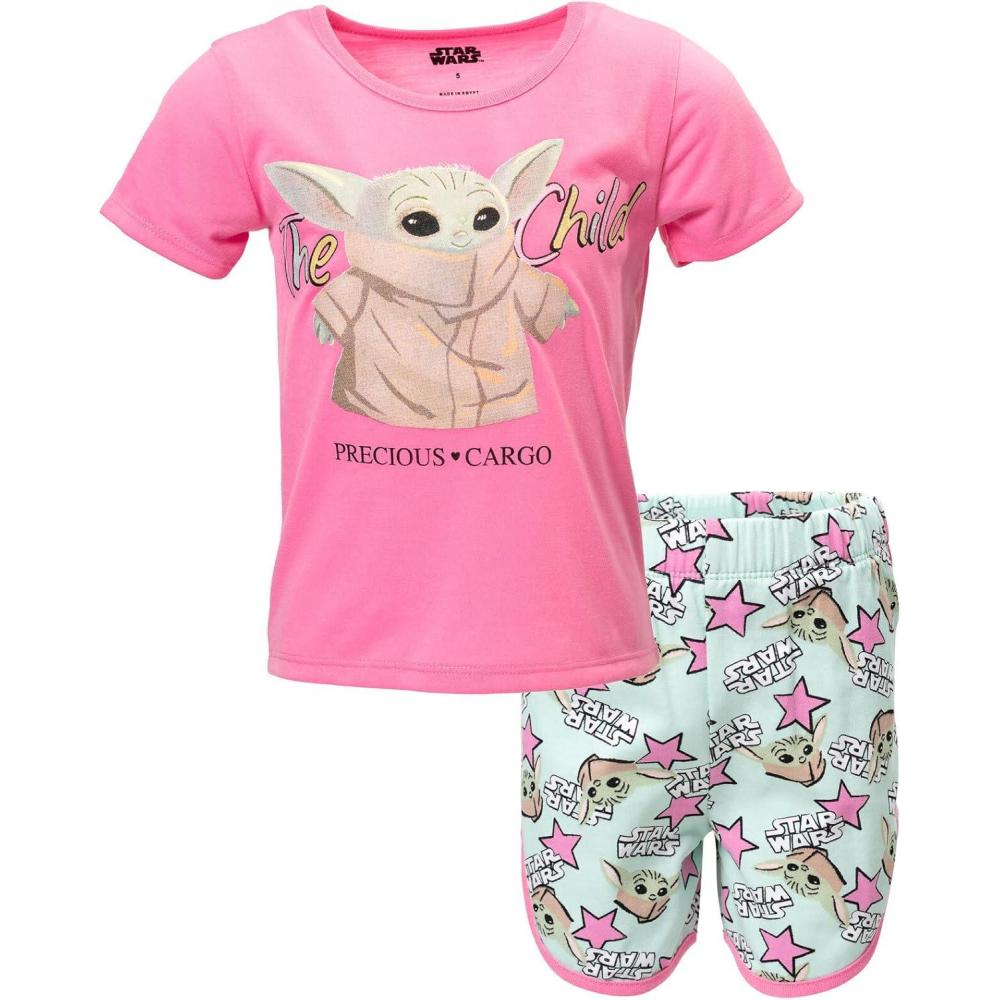 imageSTAR WARS The Mandalorian The Child Girls French Terry TShirt and Shorts Outfit Set Little Kid to Big KidBlue  Pink