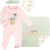 imageSTAR WARS The Child Baby Girls Sleep N Play Coverall Headband Bib and Blanket 4 Piece NewbornPinkGreen