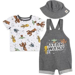 imageSTAR WARS Chewbacca R2D2 Yoda Baby French Terry Short Overalls TShirt and Hat 3 Piece Outfit Set Newborn to InfantGrey