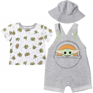 imageSTAR WARS Chewbacca R2D2 Yoda Baby French Terry Short Overalls TShirt and Hat 3 Piece Outfit Set Newborn to InfantGrogu  Gray