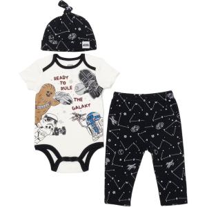 imageSTAR WARS Millennium Falcon Chewbacca Darth Vader Baby 3 Piece Outfit Set Cuddly Bodysuit Pants Hat Newborn to InfantWhite  Black