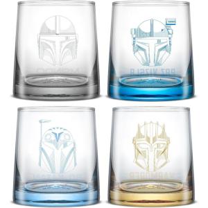 imageJoyJolt Star Wars The Mandalorians Short Drinking Glasses Set of 4 10 oz Lowball Glasses ft Mandalorian Helmet Designs Coffee and Water Tumbler Cups Star Wars Gifts for Men Women and Adults