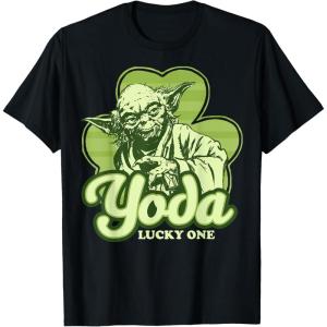 imageStar Wars St Patricks Day Yoda Lucky One Clover Smile TShirtBlack
