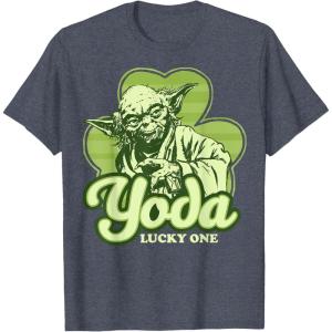 imageStar Wars St Patricks Day Yoda Lucky One Clover Smile TShirtHeather Blue