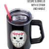 imageSilver Buffalo Star Wars Featuring Chewbacca Yoda R2D2 C3PO Princess Leia Han Solo and Luke Skywalker Stainless Steel Tumbler with Handle and Straw Fits in Standard Cup Holder 40 OuncesFriday the 13th Hockey Mask