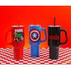 imageSilver Buffalo Star Wars Featuring Chewbacca Yoda R2D2 C3PO Princess Leia Han Solo and Luke Skywalker Stainless Steel Tumbler with Handle and Straw Fits in Standard Cup Holder 40 OuncesMarvel Avengers