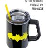 imageSilver Buffalo Star Wars Featuring Chewbacca Yoda R2D2 C3PO Princess Leia Han Solo and Luke Skywalker Stainless Steel Tumbler with Handle and Straw Fits in Standard Cup Holder 40 OuncesBatman