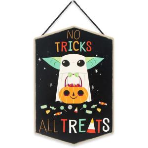 imageDisney Star Wars Baby Yoda No Tricks All Treats Halloween Hanging Wood Wall Decor  Cute Baby Yoda Halloween SignBlackGreen