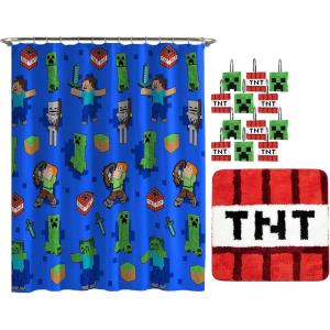 imageJay Franco Star Wars The Mandalorian Blue Space 14 Piece Bathroom Set  Includes Shower Curtain 12 Hooks ampamp NonSlip Bath Rug  Easy Care Fabric Features Baby Yoda Grogu Official Star Wars ProductBlue  Minecraft