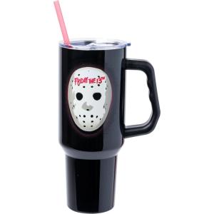 imageSilver Buffalo Star Wars Featuring Chewbacca Yoda R2D2 C3PO Princess Leia Han Solo and Luke Skywalker Stainless Steel Tumbler with Handle and Straw Fits in Standard Cup Holder 40 OuncesFriday the 13th Hockey Mask