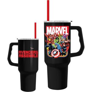 imageSilver Buffalo Star Wars Featuring Chewbacca Yoda R2D2 C3PO Princess Leia Han Solo and Luke Skywalker Stainless Steel Tumbler with Handle and Straw Fits in Standard Cup Holder 40 OuncesMarvel Avengers Assemble