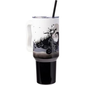 imageSilver Buffalo Star Wars Featuring Chewbacca Yoda R2D2 C3PO Princess Leia Han Solo and Luke Skywalker Stainless Steel Tumbler with Handle and Straw Fits in Standard Cup Holder 40 OuncesNightmare Before Christmas Hill and Moon Scene