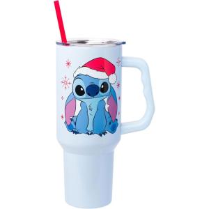 imageSilver Buffalo Star Wars Featuring Chewbacca Yoda R2D2 C3PO Princess Leia Han Solo and Luke Skywalker Stainless Steel Tumbler with Handle and Straw Fits in Standard Cup Holder 40 OuncesStitch Wearing Santa Hat