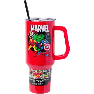 imageSilver Buffalo Star Wars Featuring Chewbacca Yoda R2D2 C3PO Princess Leia Han Solo and Luke Skywalker Stainless Steel Tumbler with Handle and Straw Fits in Standard Cup Holder 40 OuncesMarvel Avengers
