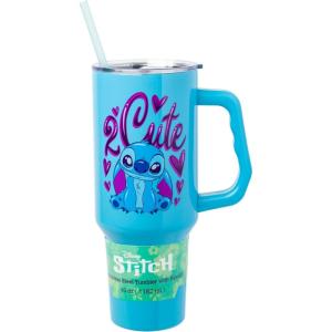 imageSilver Buffalo Star Wars Featuring Chewbacca Yoda R2D2 C3PO Princess Leia Han Solo and Luke Skywalker Stainless Steel Tumbler with Handle and Straw Fits in Standard Cup Holder 40 OuncesKawaii Stitch Sitting