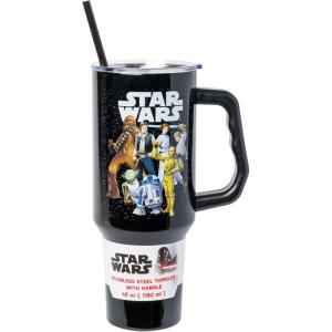 imageSilver Buffalo Star Wars Featuring Chewbacca Yoda R2D2 C3PO Princess Leia Han Solo and Luke Skywalker Stainless Steel Tumbler with Handle and Straw Fits in Standard Cup Holder 40 OuncesStar Wars Original Trilogy