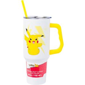 imageSilver Buffalo Star Wars Featuring Chewbacca Yoda R2D2 C3PO Princess Leia Han Solo and Luke Skywalker Stainless Steel Tumbler with Handle and Straw Fits in Standard Cup Holder 40 OuncesPikachu Pokemon