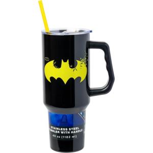 imageSilver Buffalo Star Wars Featuring Chewbacca Yoda R2D2 C3PO Princess Leia Han Solo and Luke Skywalker Stainless Steel Tumbler with Handle and Straw Fits in Standard Cup Holder 40 OuncesBatman