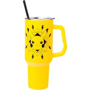 imageSilver Buffalo Star Wars Featuring Chewbacca Yoda R2D2 C3PO Princess Leia Han Solo and Luke Skywalker Stainless Steel Tumbler with Handle and Straw Fits in Standard Cup Holder 40 OuncesPikachu Lightning Bolts Badge Pokemon