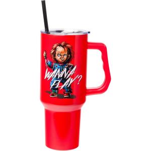 imageSilver Buffalo Star Wars Featuring Chewbacca Yoda R2D2 C3PO Princess Leia Han Solo and Luke Skywalker Stainless Steel Tumbler with Handle and Straw Fits in Standard Cup Holder 40 OuncesChucky Wanna Play