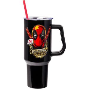 imageSilver Buffalo Star Wars Featuring Chewbacca Yoda R2D2 C3PO Princess Leia Han Solo and Luke Skywalker Stainless Steel Tumbler with Handle and Straw Fits in Standard Cup Holder 40 OuncesMarvel Deadpool