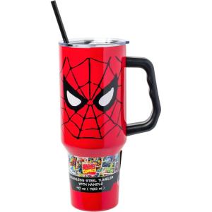 imageSilver Buffalo Star Wars Featuring Chewbacca Yoda R2D2 C3PO Princess Leia Han Solo and Luke Skywalker Stainless Steel Tumbler with Handle and Straw Fits in Standard Cup Holder 40 OuncesSpiderMan