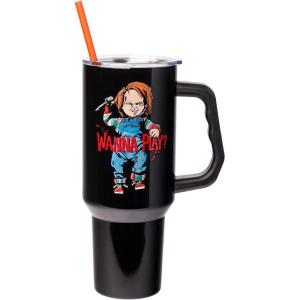 imageSilver Buffalo Star Wars Featuring Chewbacca Yoda R2D2 C3PO Princess Leia Han Solo and Luke Skywalker Stainless Steel Tumbler with Handle and Straw Fits in Standard Cup Holder 40 OuncesChucky Wanna Play Spooky Scary