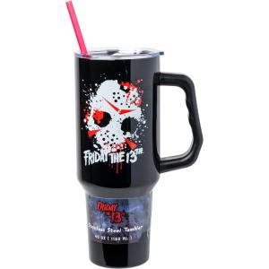 imageSilver Buffalo Star Wars Featuring Chewbacca Yoda R2D2 C3PO Princess Leia Han Solo and Luke Skywalker Stainless Steel Tumbler with Handle and Straw Fits in Standard Cup Holder 40 OuncesFriday the 13th Splatter