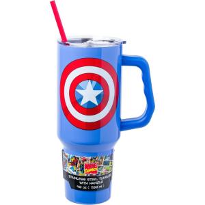 imageSilver Buffalo Star Wars Featuring Chewbacca Yoda R2D2 C3PO Princess Leia Han Solo and Luke Skywalker Stainless Steel Tumbler with Handle and Straw Fits in Standard Cup Holder 40 OuncesCaptain America