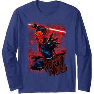 imageStar Wars Darth Maul Red Saber Portrait Long Sleeve TShirtNavy Blue