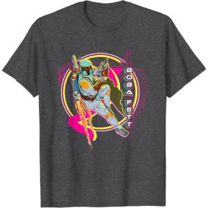 imageStar Wars Iconic Boba Fett Retro Vintage Neon Chest Logo TShirtDark Heather Grey