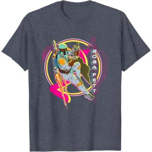 imageStar Wars Iconic Boba Fett Retro Vintage Neon Chest Logo TShirtHeather Blue