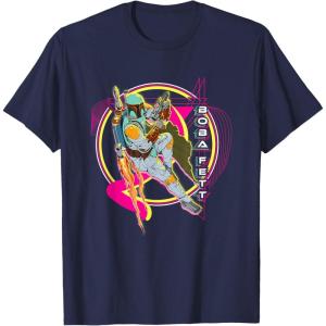 imageStar Wars Iconic Boba Fett Retro Vintage Neon Chest Logo TShirtNavy Blue