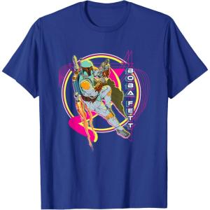 imageStar Wars Iconic Boba Fett Retro Vintage Neon Chest Logo TShirtRoyal Blue