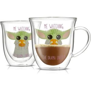 imageJoyJolt Watching The Drama Unfold Grogu 135oz Coffee Mug Double Wall Mug Set of 2 Large Espresso Cups Cappuccino or Latte Cup Mandalorian Star Wars Mugs Glass Coffee Cup Insulated Coffee Mug