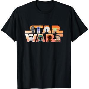 imageStar Wars Logo The Mandalorian Kawaii Characters TShirtBlack
