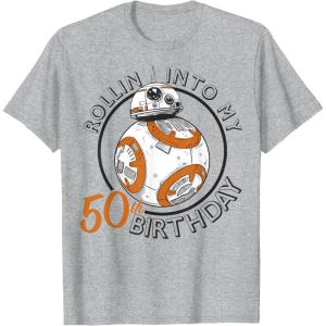 imageStar Wars BB8 Rollin Into My 50th Birthday Portrait TShirtHeather Grey