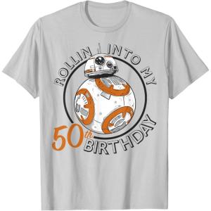 imageStar Wars BB8 Rollin Into My 50th Birthday Portrait TShirtSilver Grey