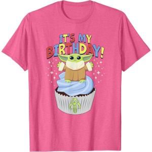 imageStar Wars The Mandalorian Grogu Its My Birthday Cupcake TShirtPink Heather