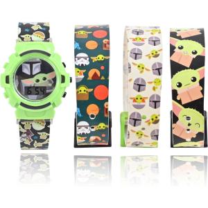 imageAccutime Lucasfilm Star Wars Baby Yoda Kids Digital Watch  LED Flashing Light LCD Watch Display 4 in 1 Interchangeable Plastic Straps