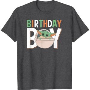 imageStar Wars The Mandalorian Grogu Birthday Orange ampamp Green V1 TShirtDark Heather Grey